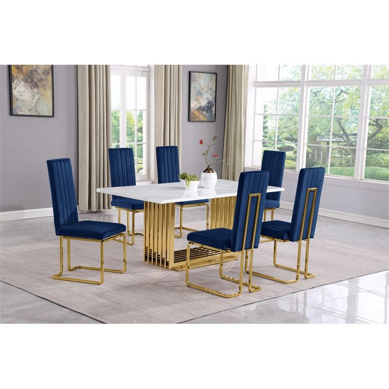 Best Quality Furniture White Marble Dining Set with Navy Blue Velvet Chairs