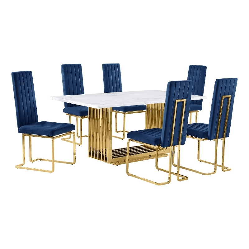 Best Quality Furniture White Marble Dining Set with Navy Blue Velvet Chairs