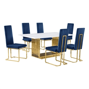 Best Quality Furniture White Marble Dining Set with Navy Blue Velvet Chairs