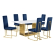 Best Quality Furniture White Marble Dining Set with Navy Blue Velvet Chairs