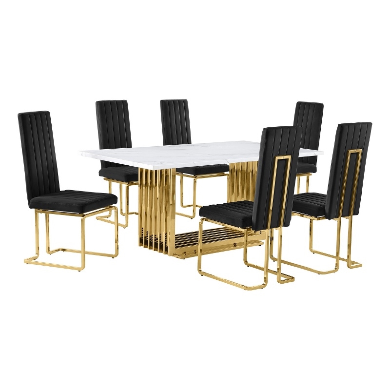 Best Quality Furniture White Marble Dining Set with Black Velvet Chairs