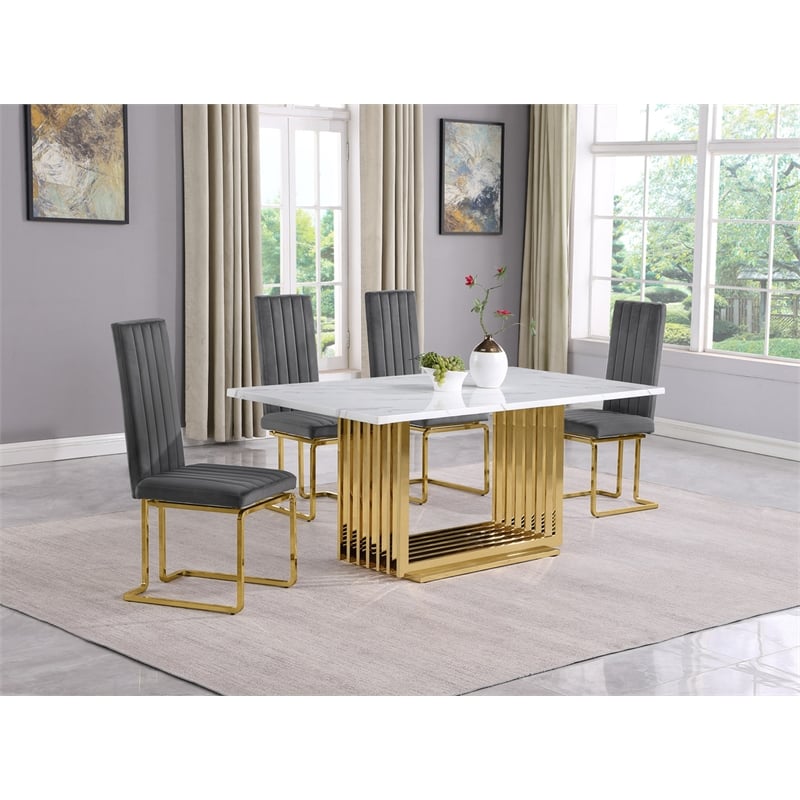 Best Quality Furniture White Marble Dining Set with Dark Gray Velvet Chairs