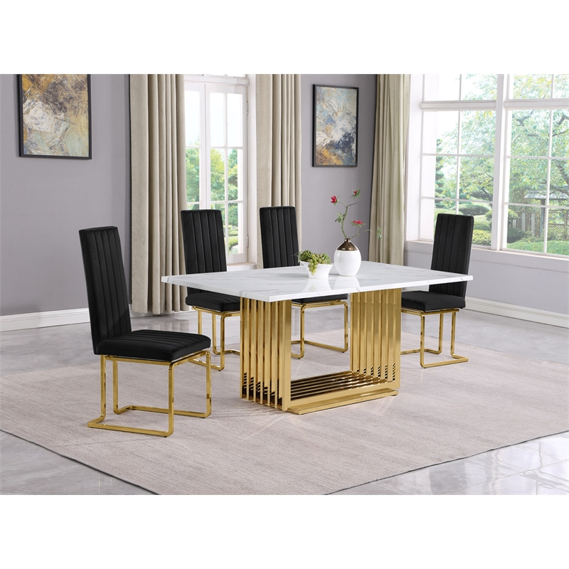 Best Quality Furniture White Marble Dining Set with Black Velvet Chairs