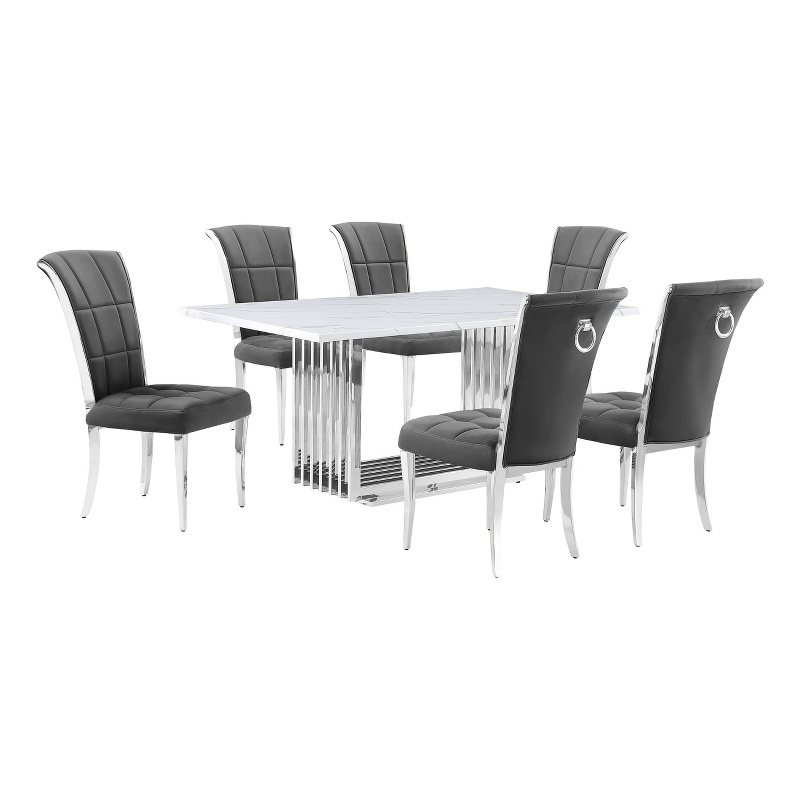 Best Quality Furniture White Marble Dining Set with Dark Gray Velvet Chairs