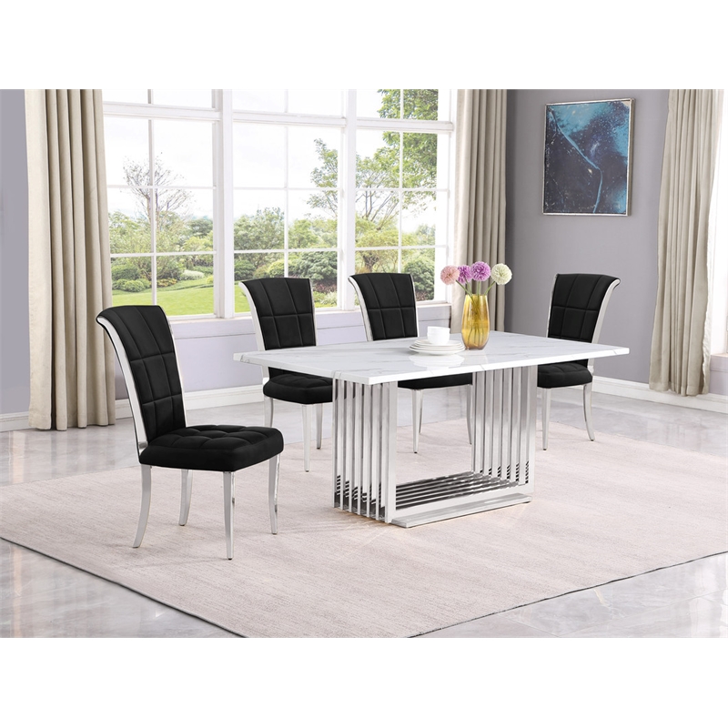 Best Quality Furniture White Marble Dining Set with Black Velvet Chairs