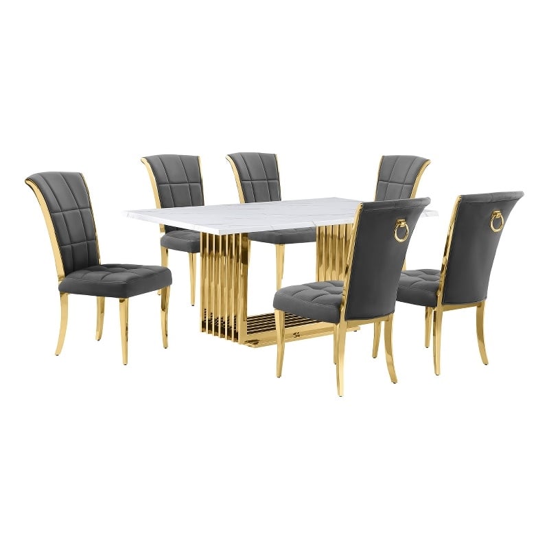 Best Quality Furniture White Marble Dining Set with Dark Gray Velvet Chairs