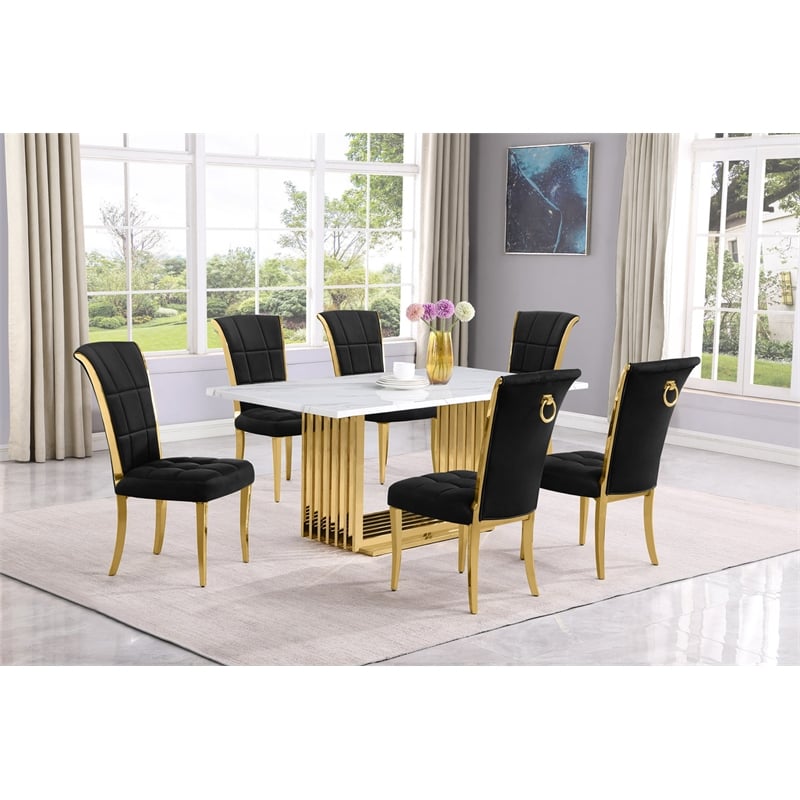 Best Quality Furniture White Marble Dining Set with Black Velvet Chairs