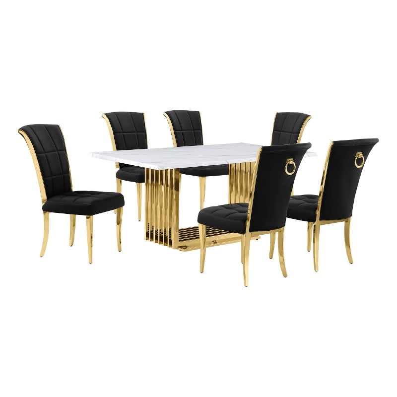 Best Quality Furniture White Marble Dining Set with Black Velvet Chairs