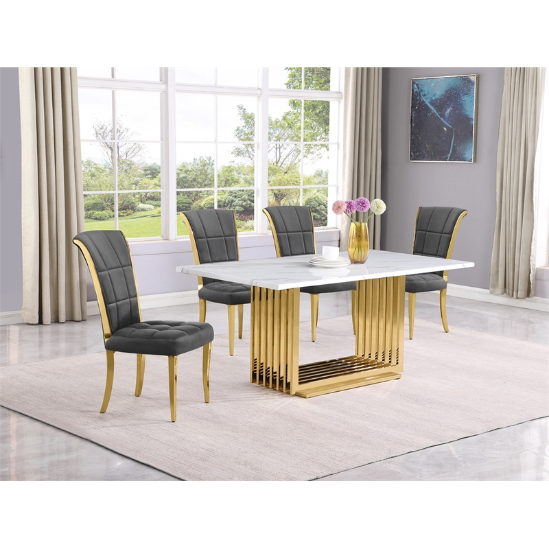Best Quality Furniture White Marble Dining Set with Dark Gray Velvet Chairs