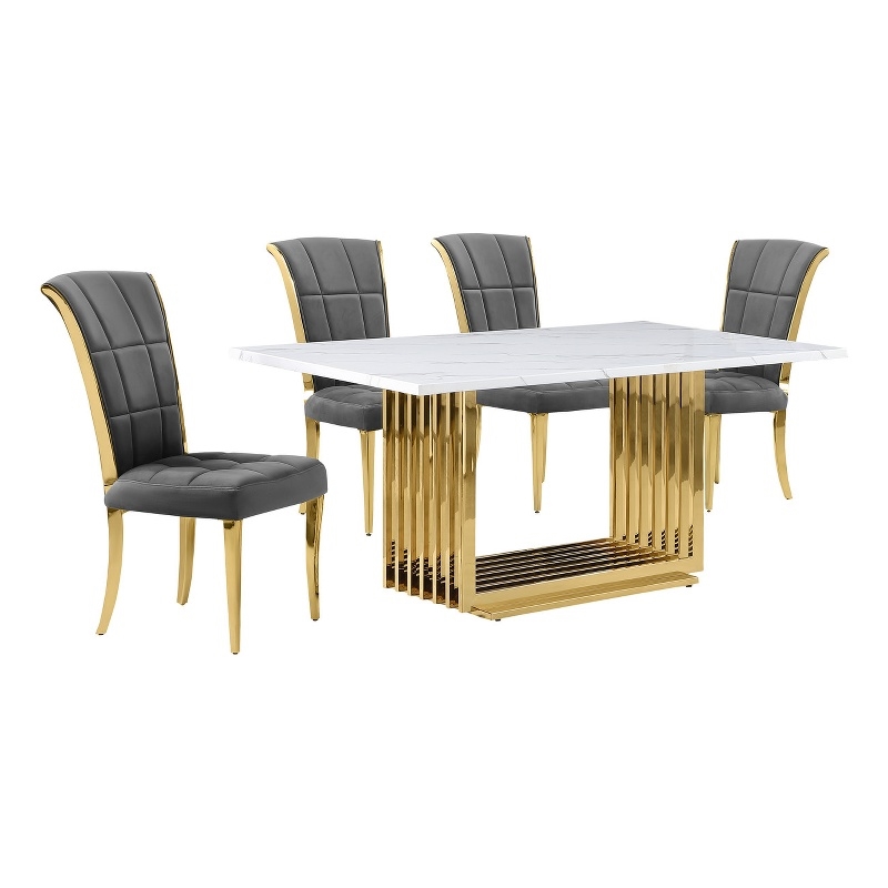 Best Quality Furniture White Marble Dining Set with Dark Gray Velvet Chairs
