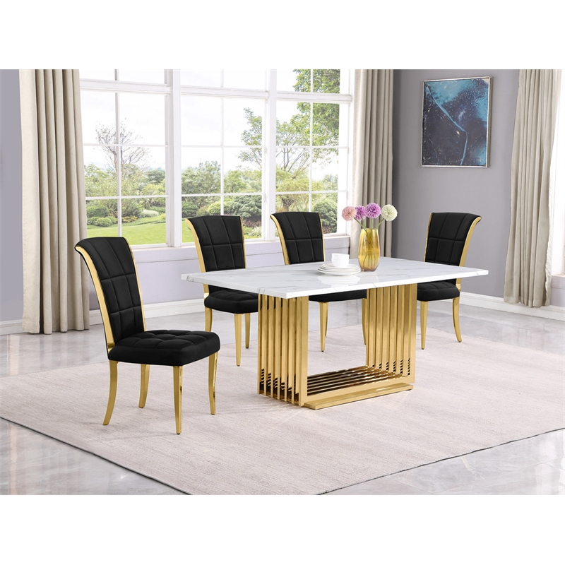 Best Quality Furniture White Marble Dining Set with Black Velvet Chairs