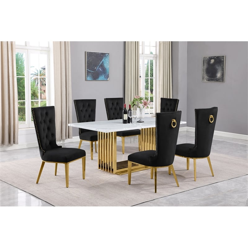 Best Quality Furniture White Marble Dining Set with Black Velvet Chairs