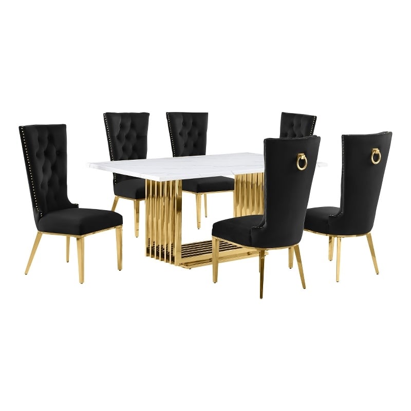 Best Quality Furniture White Marble Dining Set with Black Velvet Chairs