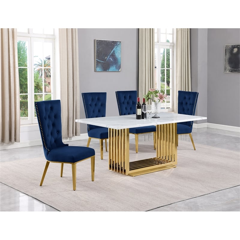Best Quality Furniture White Marble Dining Set with Navy Blue Velvet Chairs