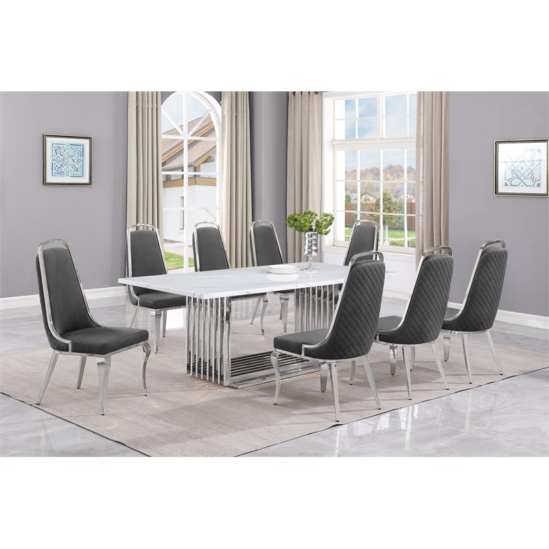 Best Quality Furniture 9-Piece Marble & Velvet Dining Set in White/Dark Gray