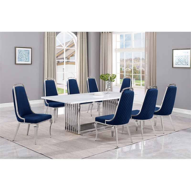 Best Quality Furniture 9-Piece Marble & Velvet Dining Set in White/Navy Blue