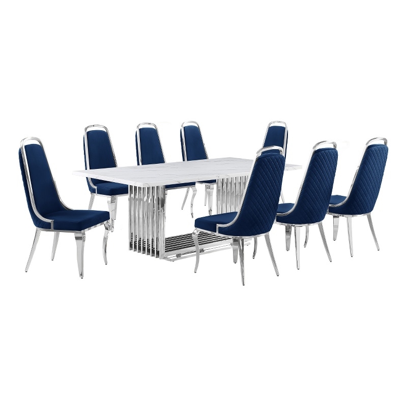 Best Quality Furniture 9-Piece Marble & Velvet Dining Set in White/Navy Blue