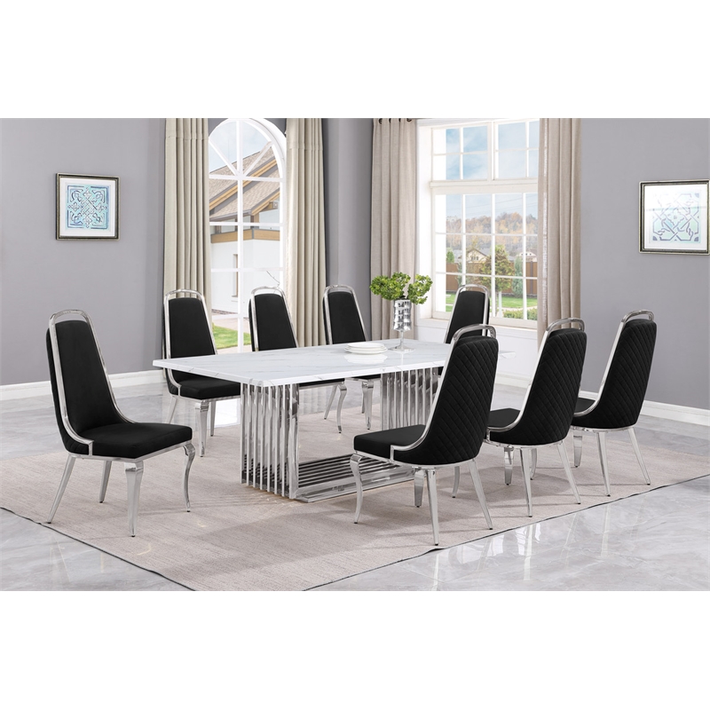 Best Quality Furniture 9-Piece Marble & Velvet Dining Set in White and Black