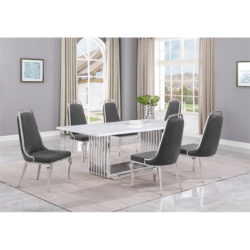 Best Quality Furniture 7-Piece Marble & Velvet Dining Set in White/Dark Gray