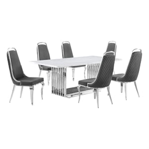 Best Quality Furniture 7-Piece Marble & Velvet Dining Set in White/Dark Gray