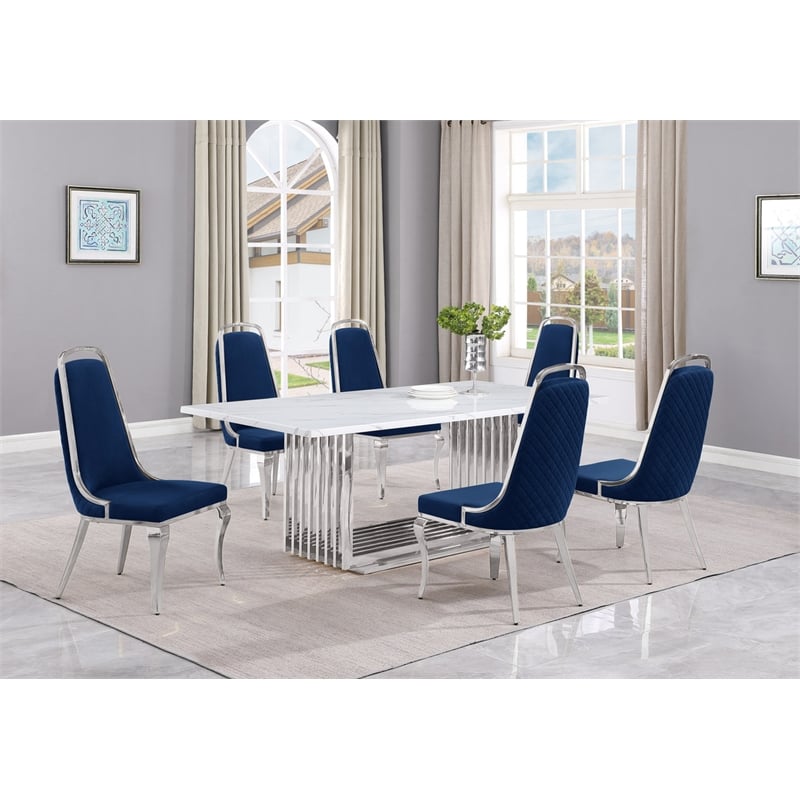 Best Quality Furniture 7-piece Marble & Velvet Dining Set in White/Navy Blue