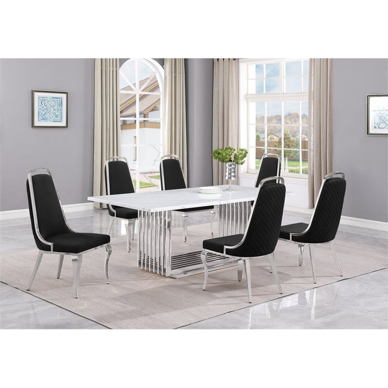 Best Quality Furniture 7-Piece Velvet & Marble Dining Set in Black/White