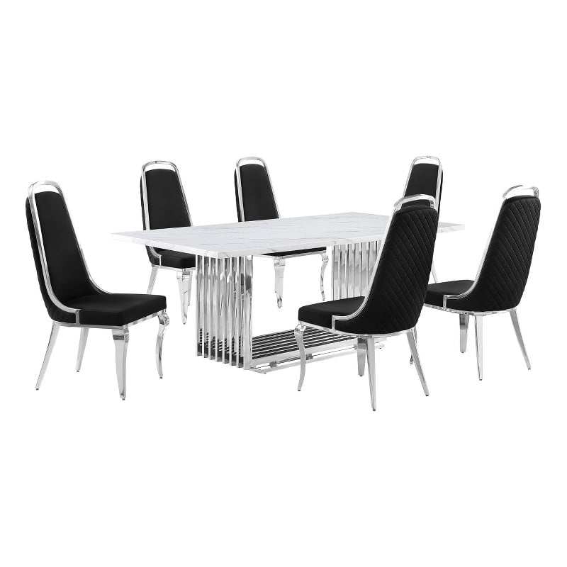 Best Quality Furniture 7-Piece Velvet & Marble Dining Set in Black/White