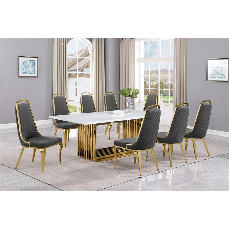 Best Quality Furniture 9-Piece Velvet & Marble Dining Set in Gray/White/Gold