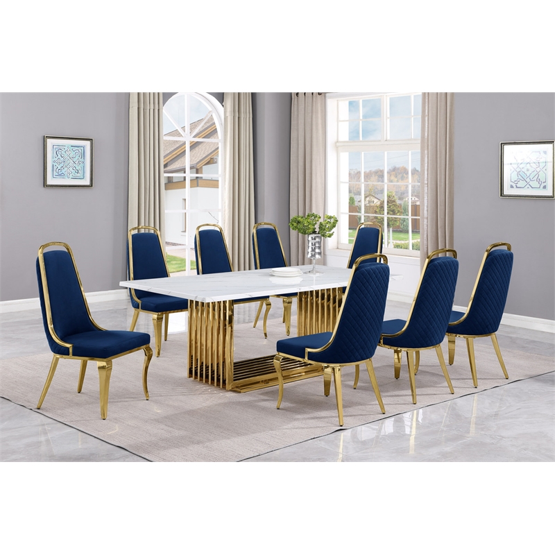 Best Quality Furniture 9-Piece Velvet & Marble Dining Set in Blue/White/Gold