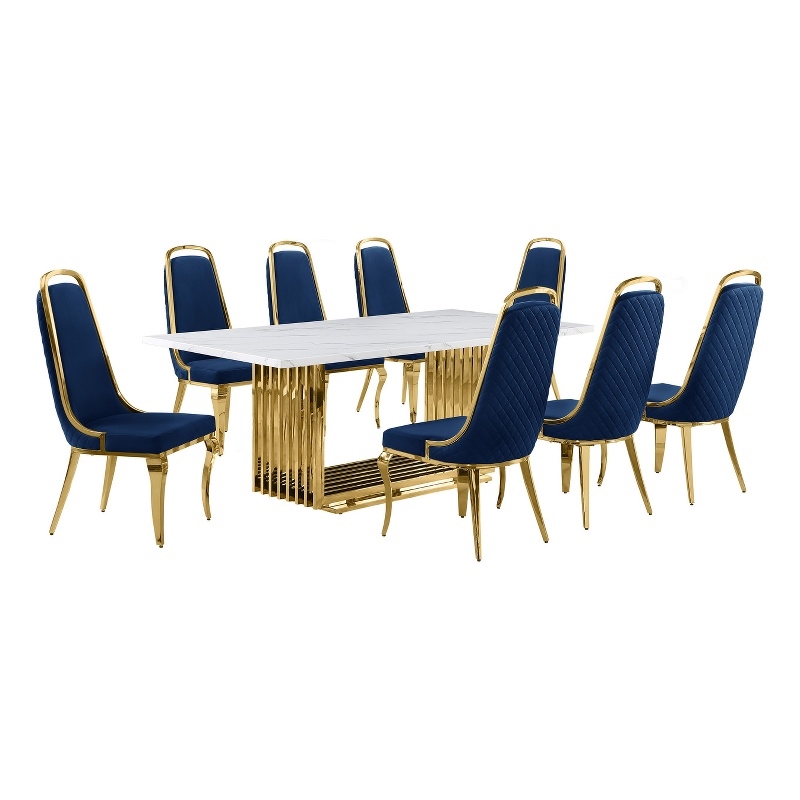 Best Quality Furniture 9-Piece Velvet & Marble Dining Set in Blue/White/Gold
