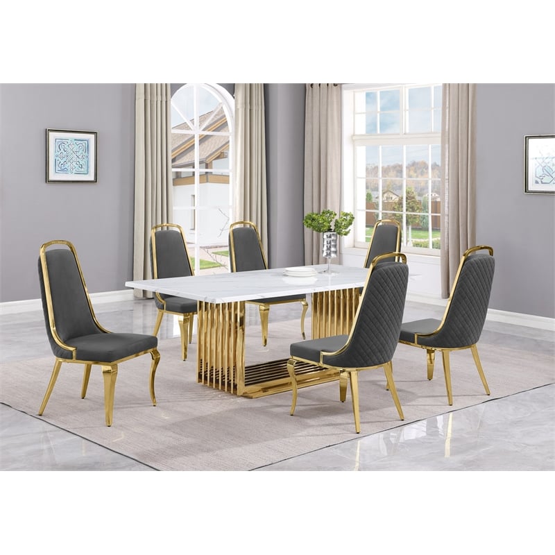 Best Quality Furniture 7-Piece Marble & Velvet Dining Set in White/Dark Gray