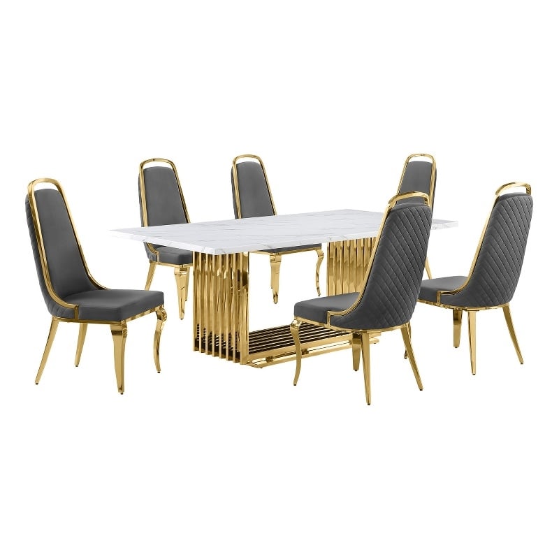 Best Quality Furniture 7-Piece Marble & Velvet Dining Set in White/Dark Gray