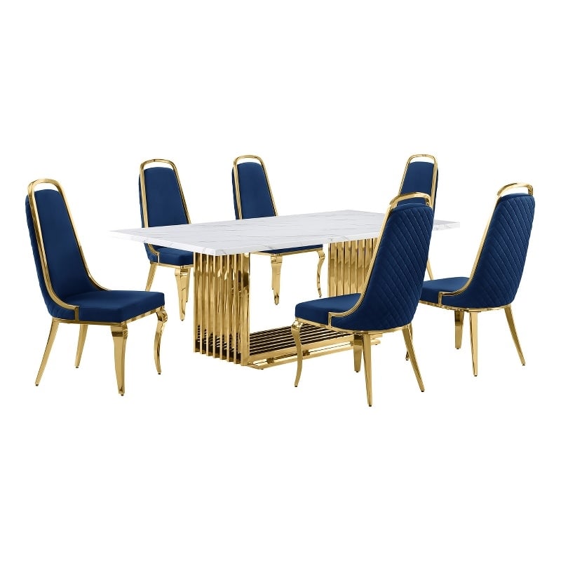 Best Quality Furniture 7-Piece Marble & Velvet Dining Set in White and Navy Blue