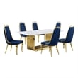 Best Quality Furniture 7-Piece Marble & Velvet Dining Set in White and Navy Blue
