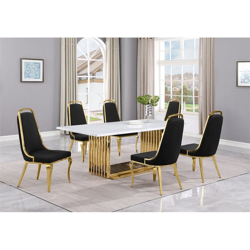 Best Quality Furniture 7-Piece Marble & Velvet Dining Set in White/Black