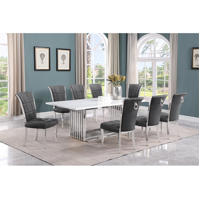 Best Quality Furniture 9-Piece Marble & Velvet Dining Set in White and Dark Gray