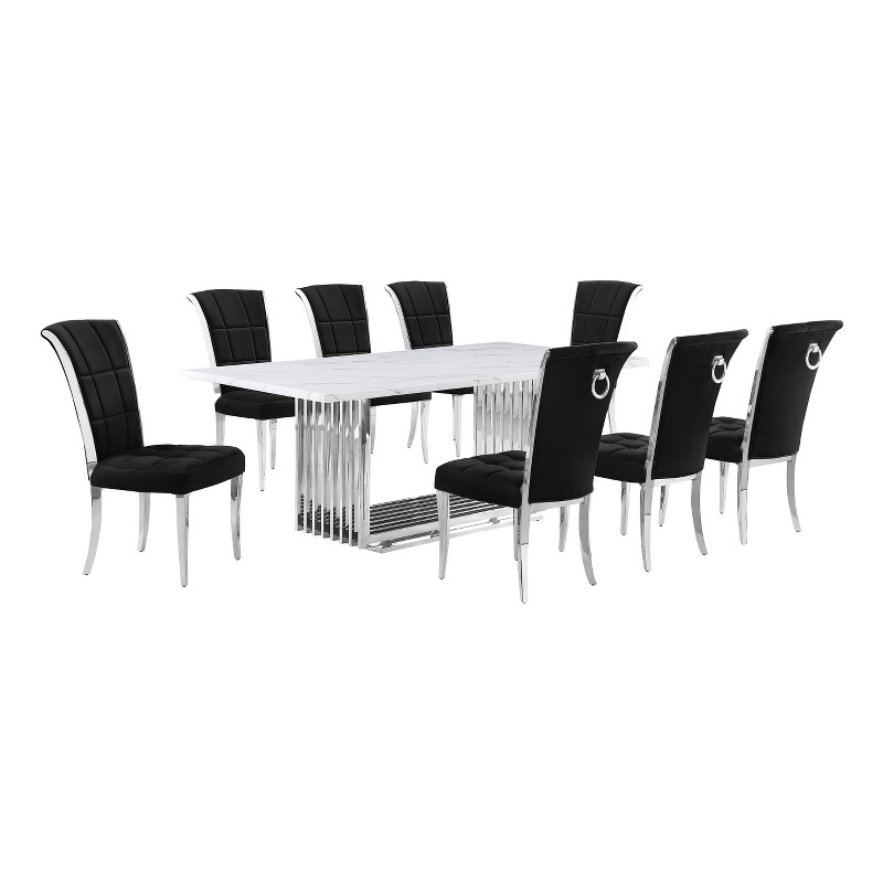Best Quality Furniture 9-Piece Velvet & Marble Dining Set in Black/White