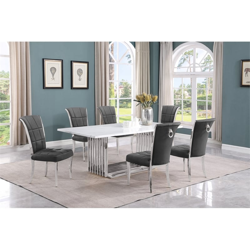 Best Quality Furniture 7-Piece Marble & Velvet Dining Set in White/Dark Gray