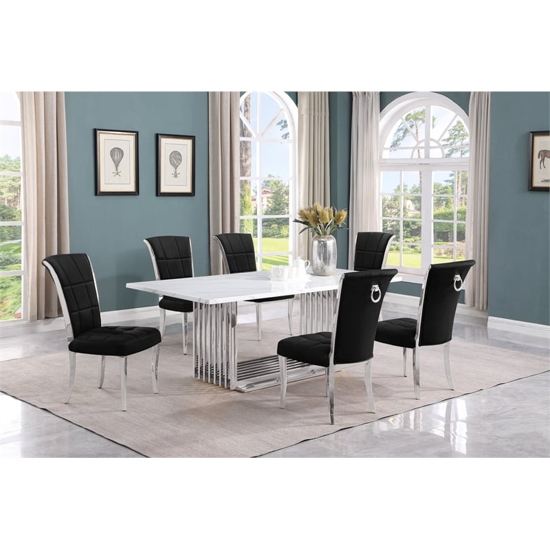 Best Quality Furniture 7-Piece Marble & Velvet Dining Set in White/Black