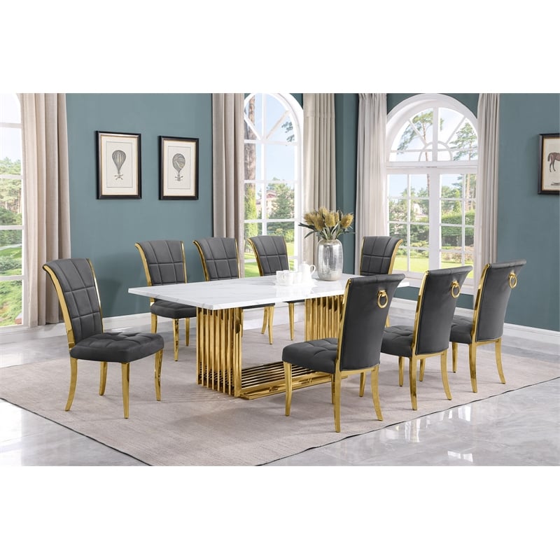 Best Quality Furniture 9-Piece Velvet & Marble Dining Set in Gold/Gray/White