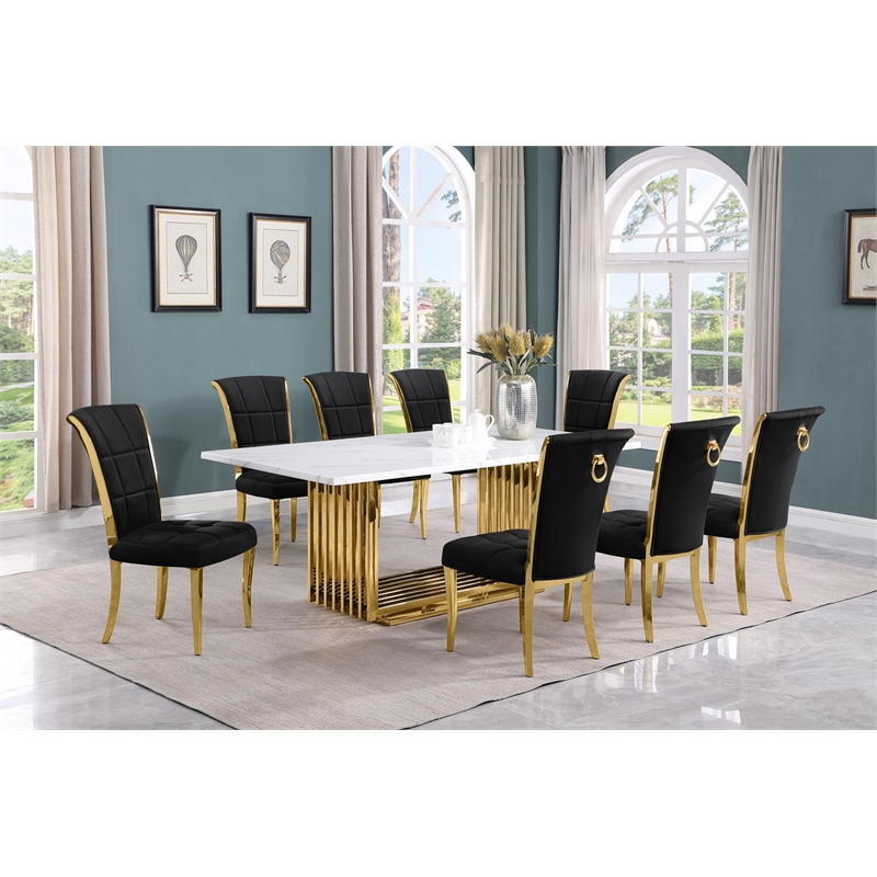 Best Quality Furniture 9-Piece Velvet & Marble Dining Set in Gold/Black/White