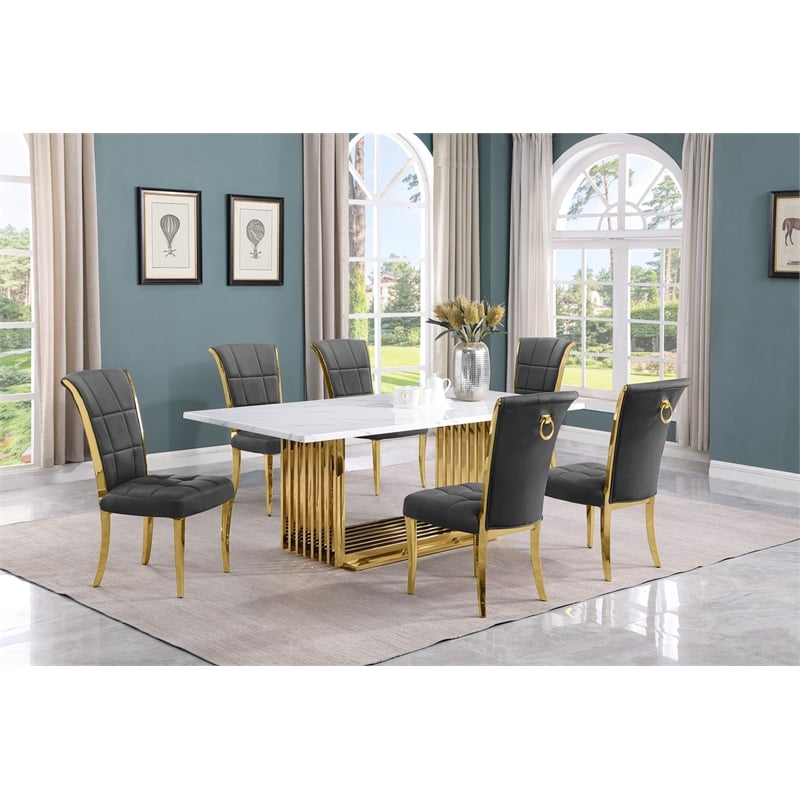 Best Quality Furniture 7-Piece Marble & Velvet Dining Set in White and Dark Gray