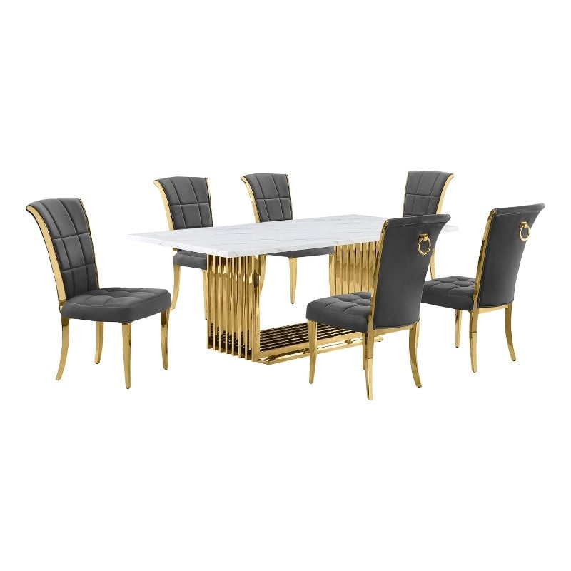 Best Quality Furniture 7-Piece Marble & Velvet Dining Set in White and Dark Gray