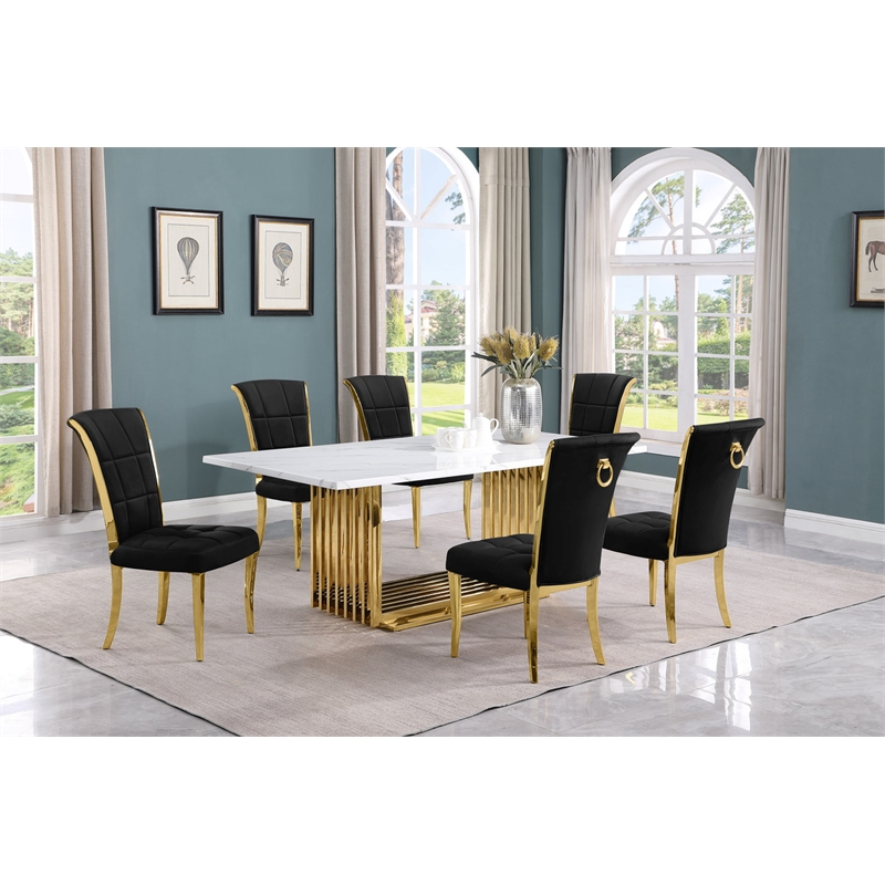 Best Quality Furniture 7-Piece Marble & Velvet Dining Set in White and Black