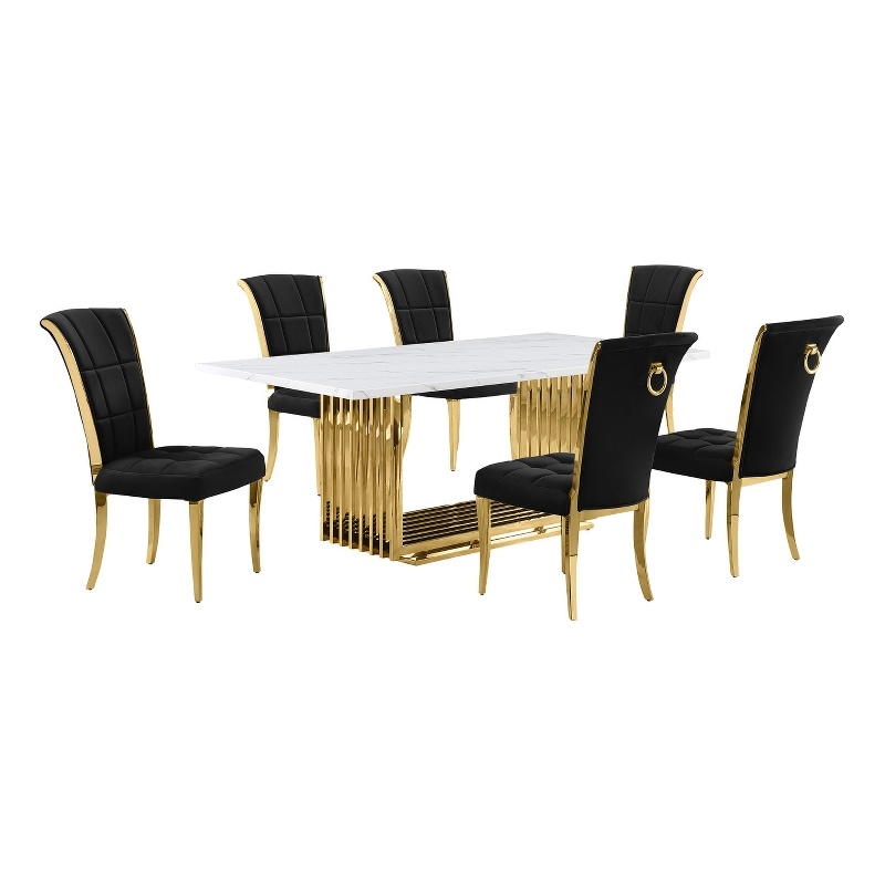 Best Quality Furniture 7-Piece Marble & Velvet Dining Set in White and Black
