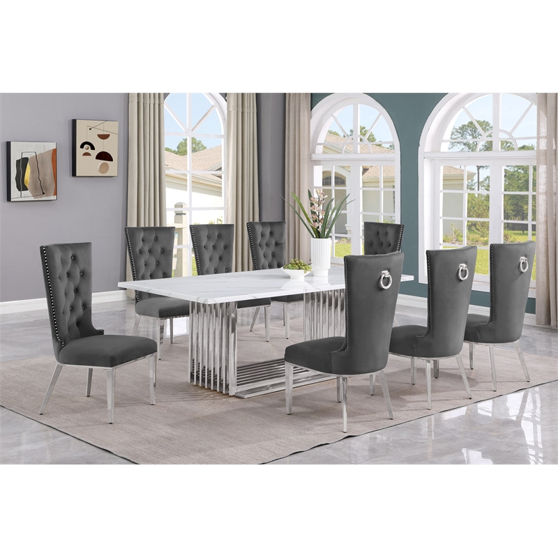 Best Quality Furniture 9-Piece Marble & Steel Dining Set in White/Silver/Gray