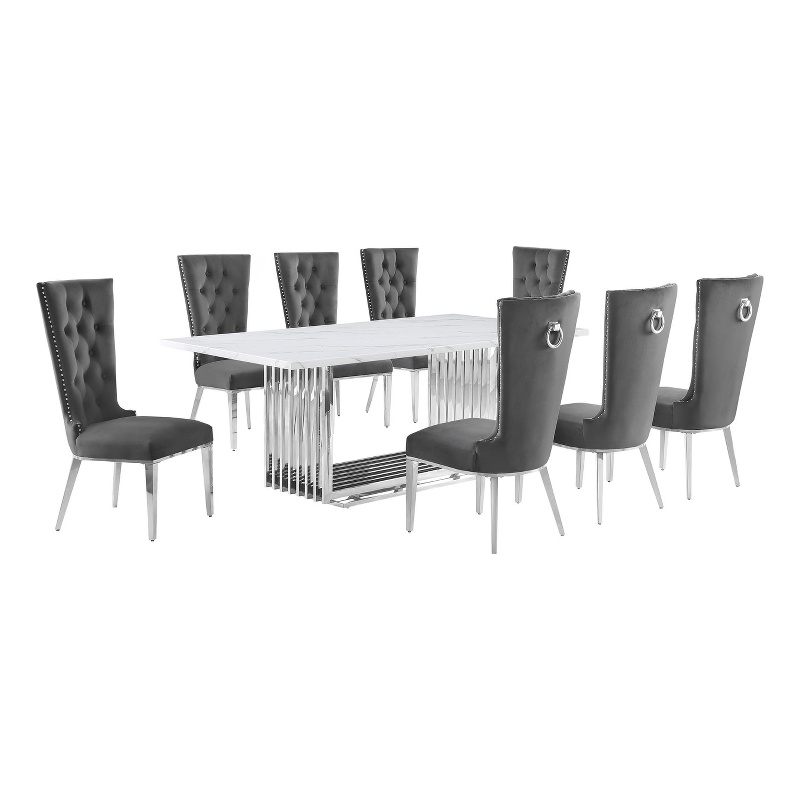 Best Quality Furniture 9-Piece Marble & Steel Dining Set in White/Silver/Gray