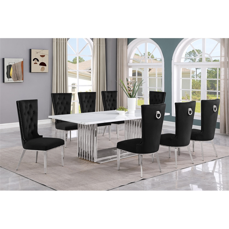 Best Quality Furniture 9-Piece Steel & Marble Dining Set in Silver/White/Black