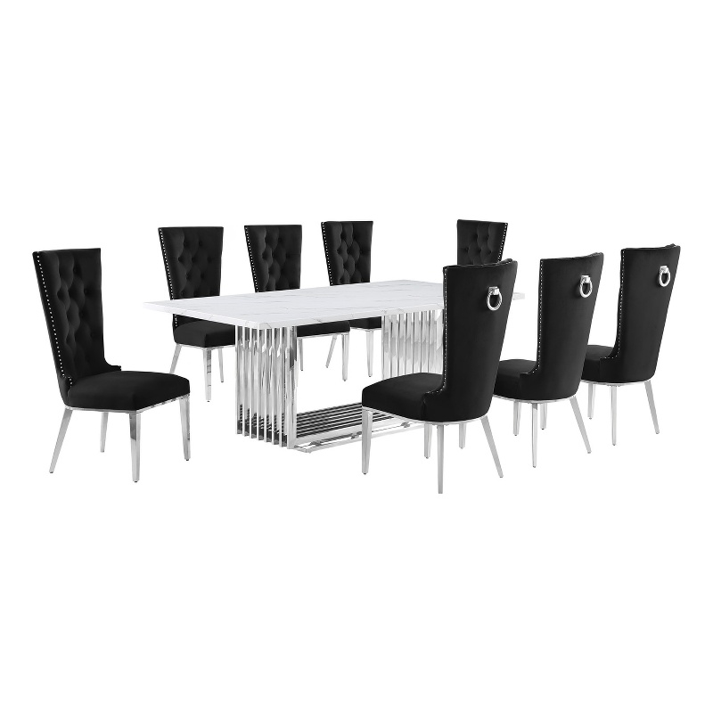 Best Quality Furniture 9-Piece Steel & Marble Dining Set in Silver/White/Black
