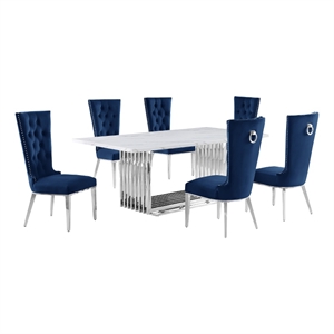 Best Quality Furniture 7-Piece Velvet & Marble Dining Set in Navy Blue/White